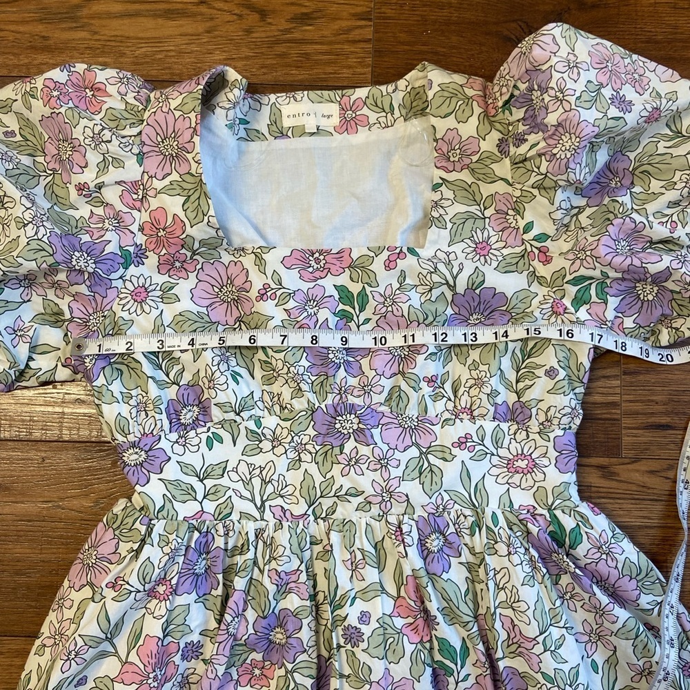 Entro Square neckline floral mini dress puff short sleeves easter spring large - Picture 4 of 6